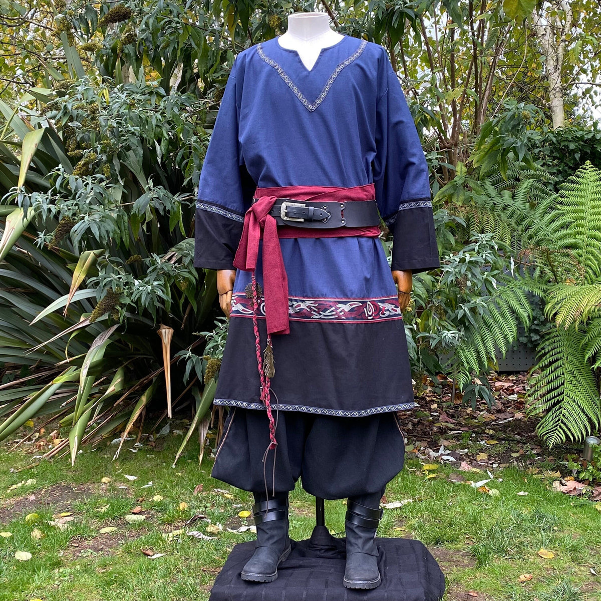 Viking tunic with blue black design for Ren faire costume.