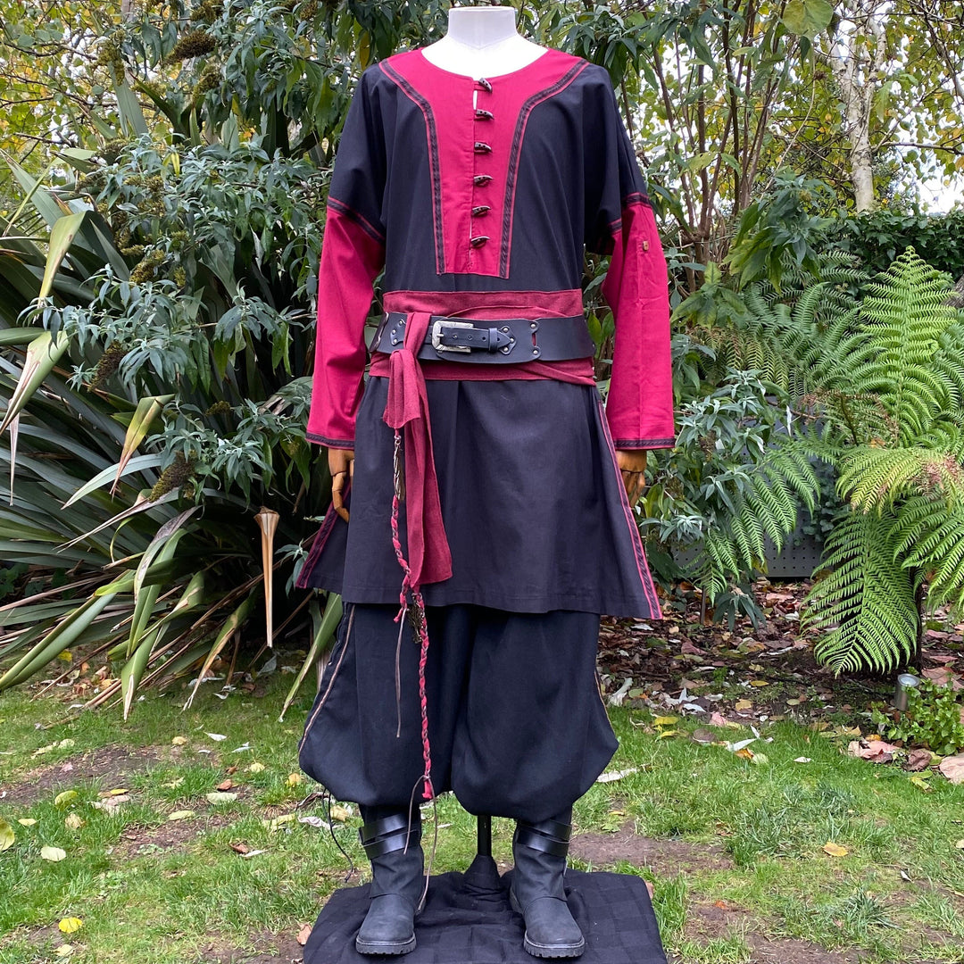two-tone black red Viking shirt for medieval cosplay and Ren faire.