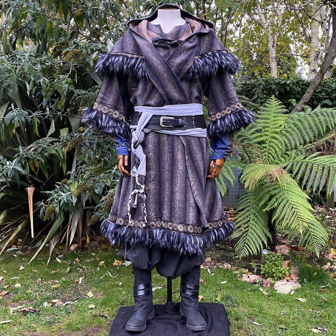 Medieval LARP outfit front view, featuring a blue and grey fur trim tunic, matching hood.