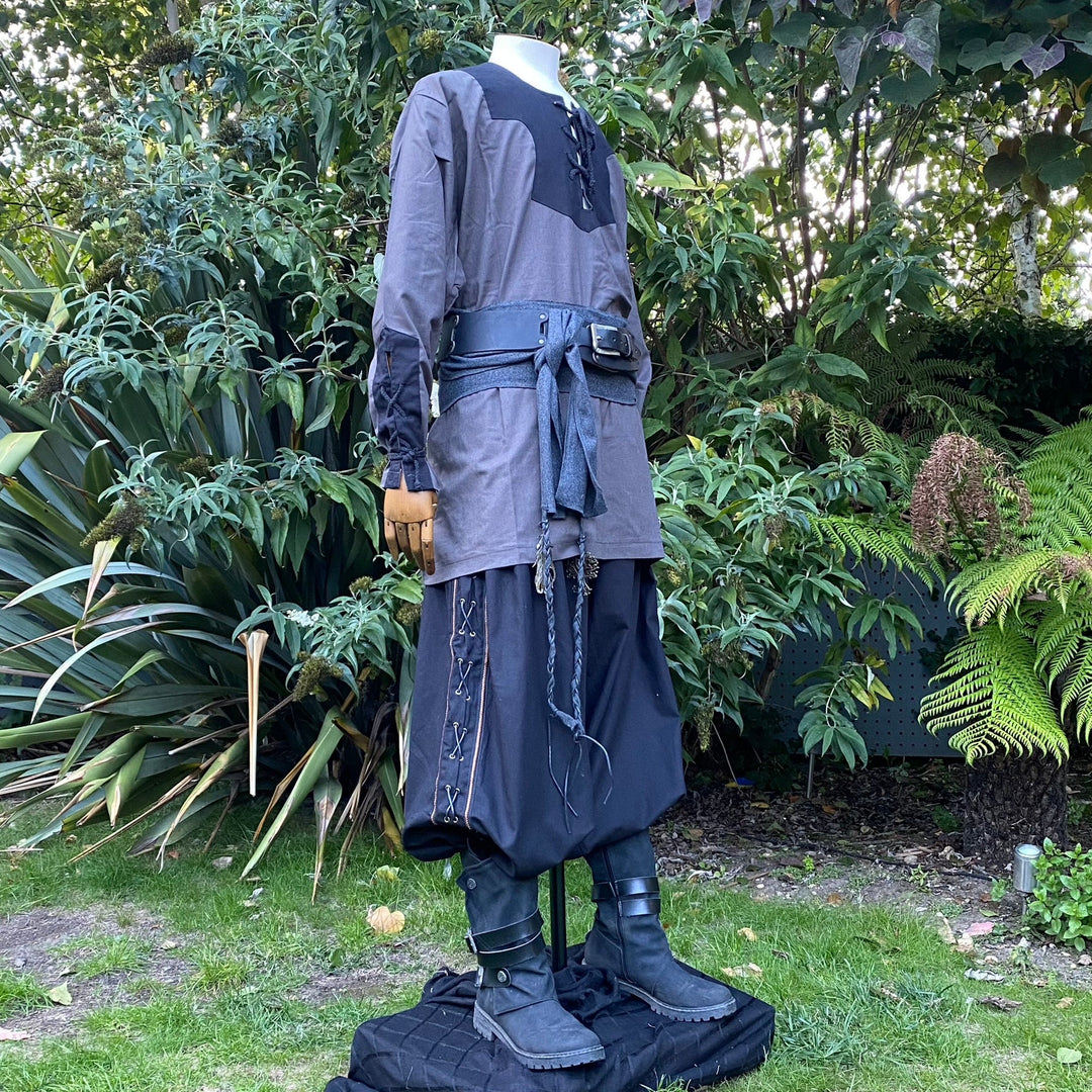 Side view of grey-black LARP outfit with lace-up details and sash.