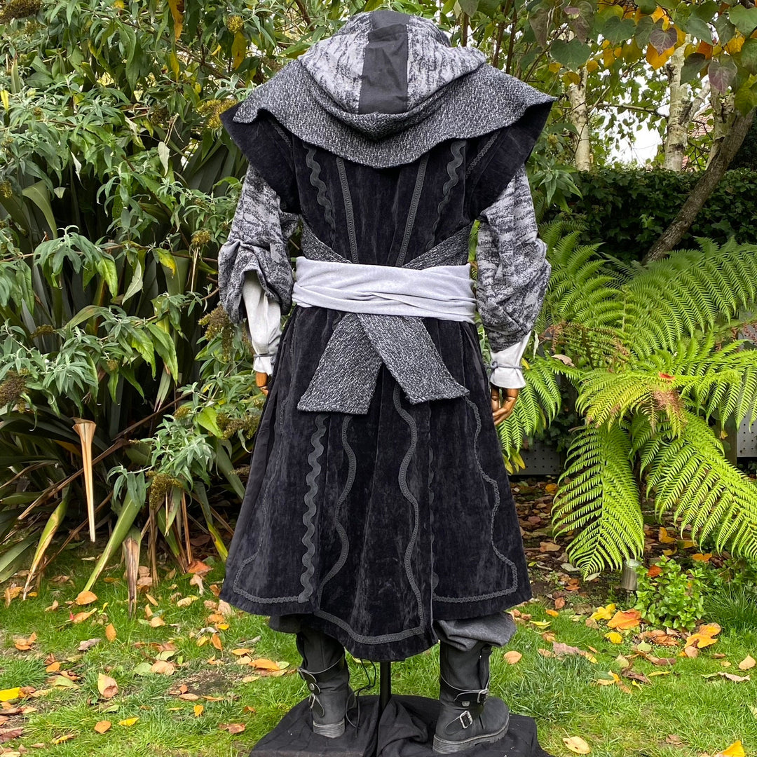 Back view of dark medieval LARP robe with hood and sash.