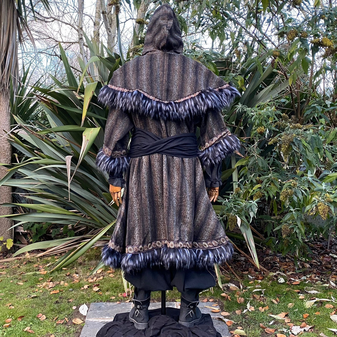 Medieval LARP outfit back view, featuring a brown and black fur trim tunic, matching hood, and sash.