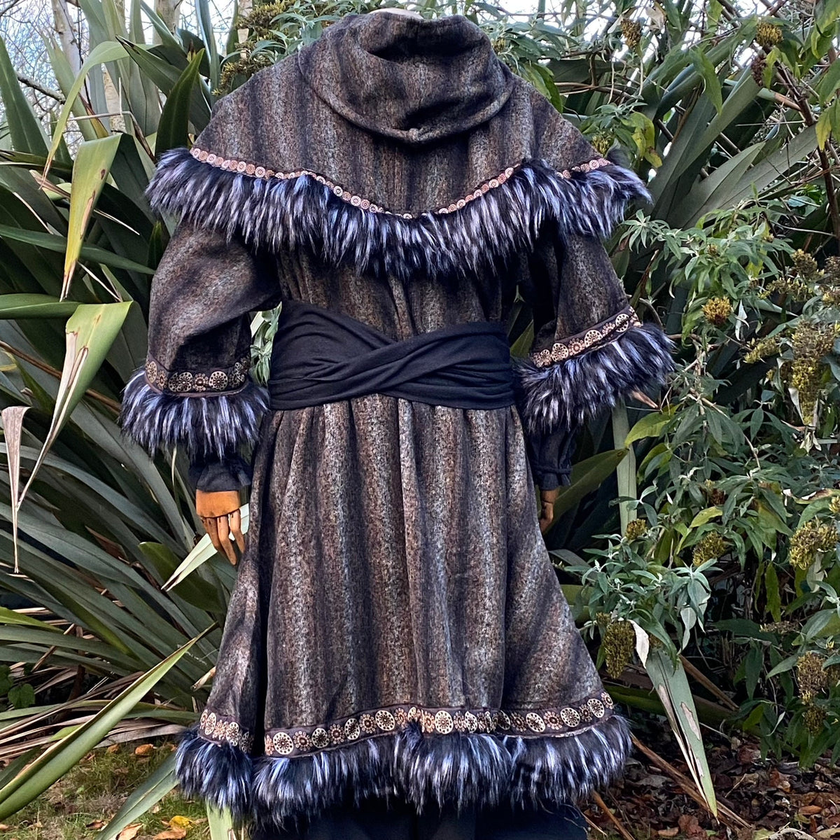 Arcane Shaman LARP outfit with fur trim, includes tunic, hood, and sash back view.