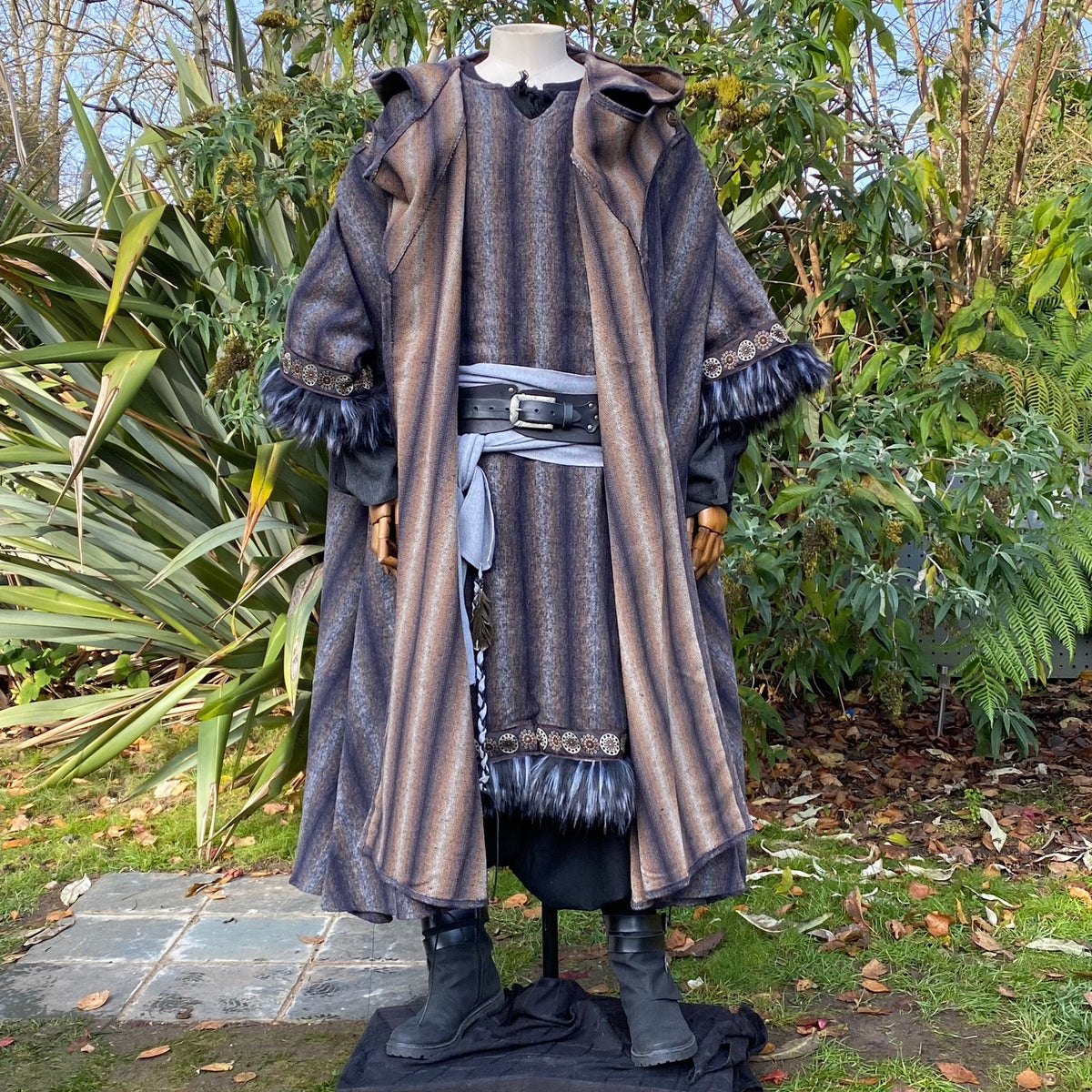 Front view of LARP mohair cloak with ornate trim.