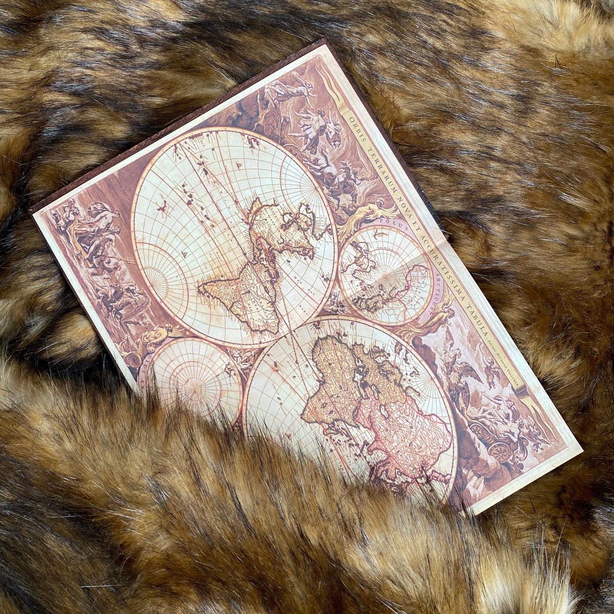 Vintage world map cover on brown faux fur LARP medieval journal A5 sketchbook.