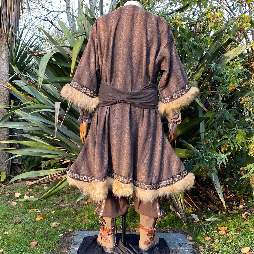 Back of brown medieval LARP tunic with fur cuffs and sash.
