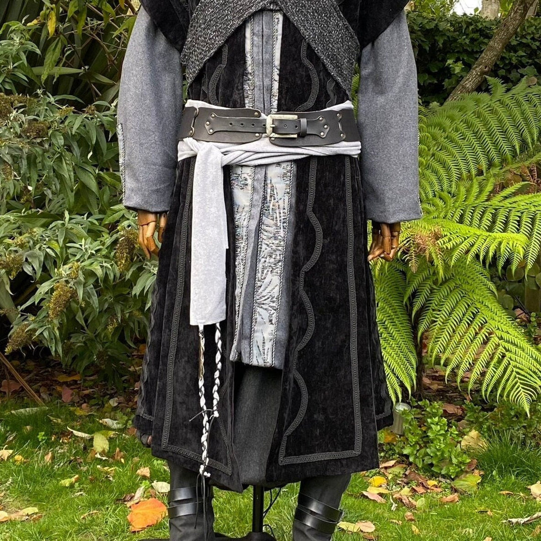 Medieval LARP attire with detailed grey belt and braided sash.