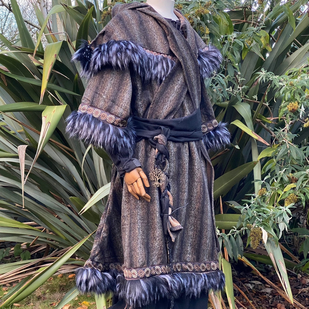 Arcane Shaman LARP outfit set with grey and black tunic, hood, and sash.