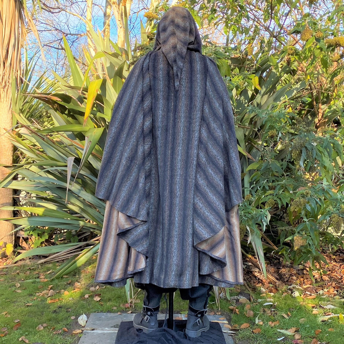 Full-length brown and black striped LARP cloak, hooded medieval fantasy cosplay costume for.