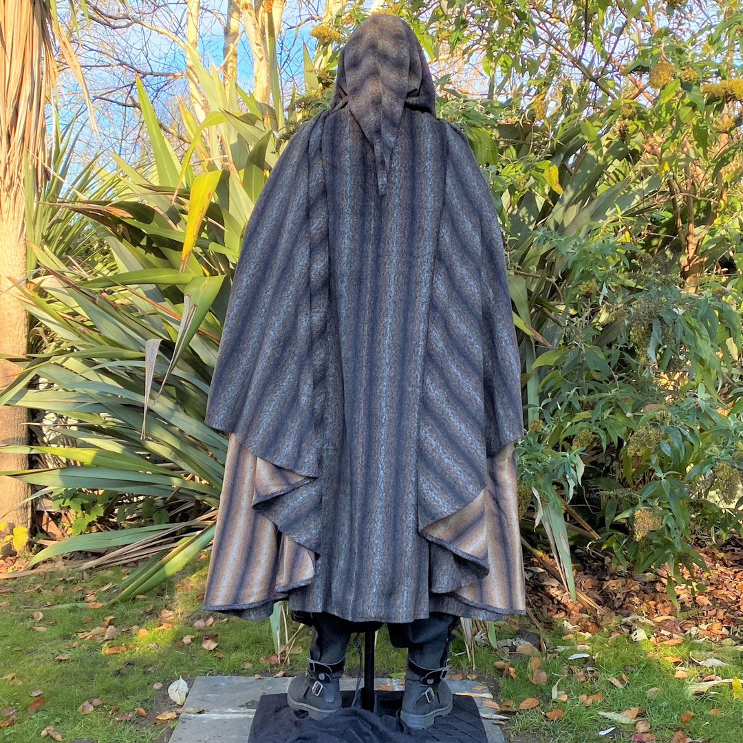 Full-length brown and black striped LARP cloak, hooded medieval fantasy cosplay costume for.