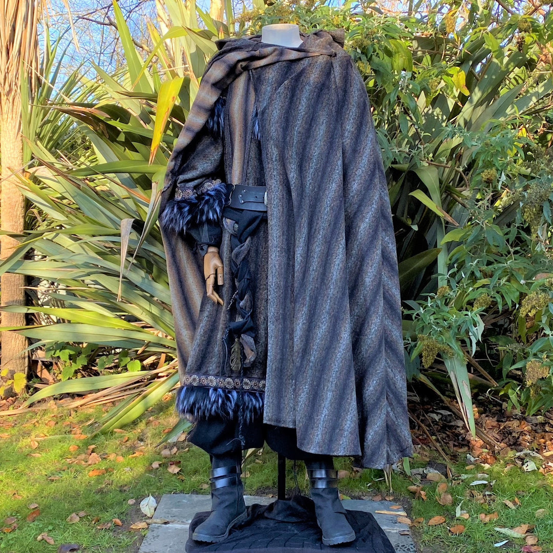 Front view one side open of brown and black striped LARP cloak with hood, mohair wool medieval.