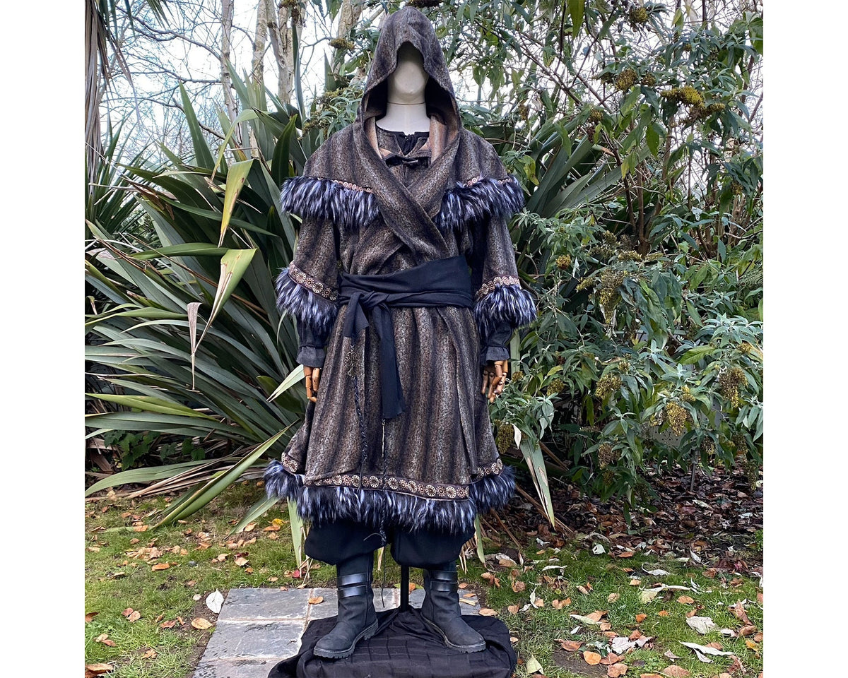 Medieval LARP outfit front view, featuring a brown and black fur trim tunic, matching hood, and.
