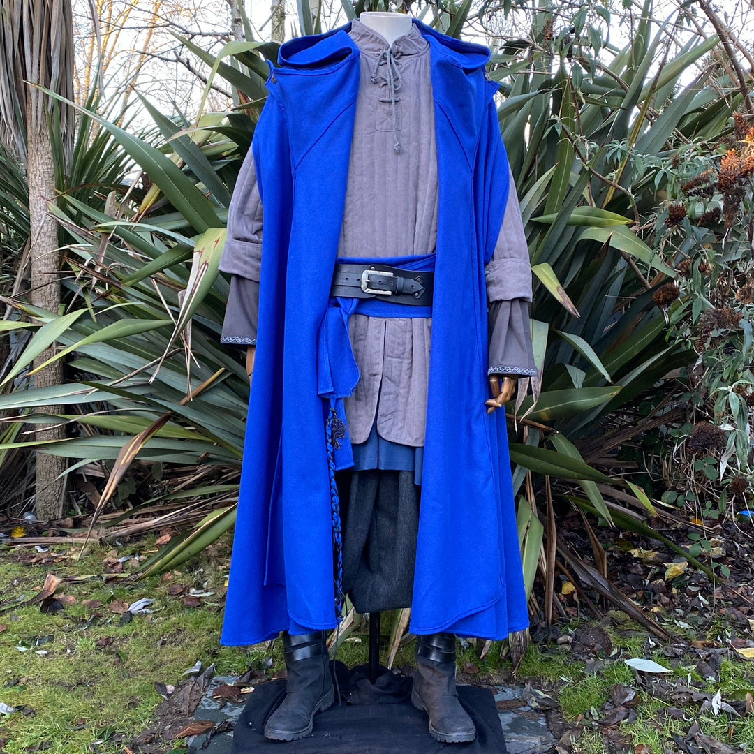 Blue cloak over grey gambeson, front view LARP medieval costume display.