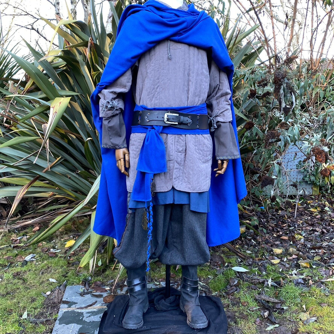 Blue cloaked LARP outfit with grey gambeson.