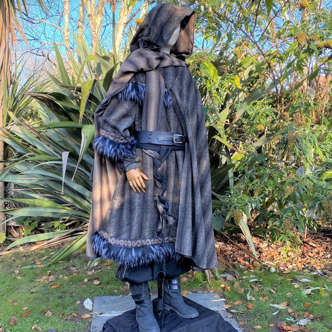 Medieval LARP outfit side view, featuring a brown and black hooded cloak, tunic, hood, and sash.