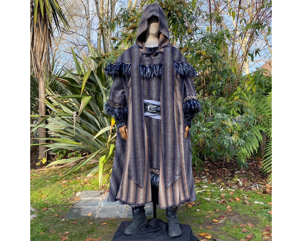 Medieval LARP outfit front view, featuring a blue and grey hooded cloak, tunic, hood, and sash.