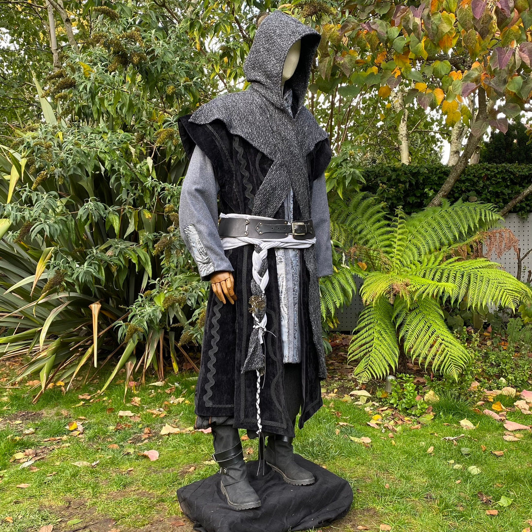 Medieval LARP ensemble with grey hood, detailed front view.