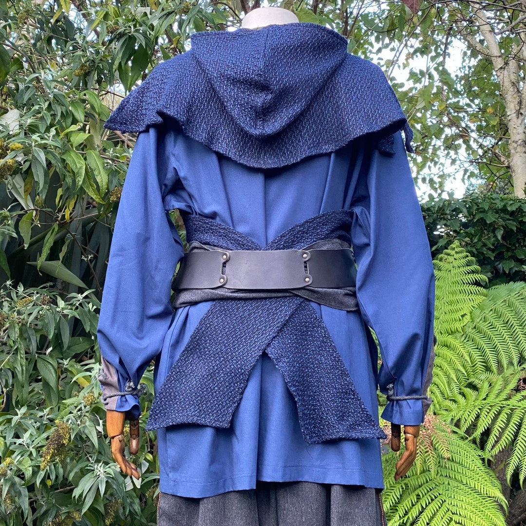 Back view of blue medieval LARP outfit with hood and sash.