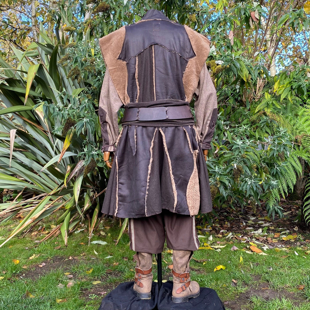 Back view of a brown faux leather Viking waistcoat with medieval flair.