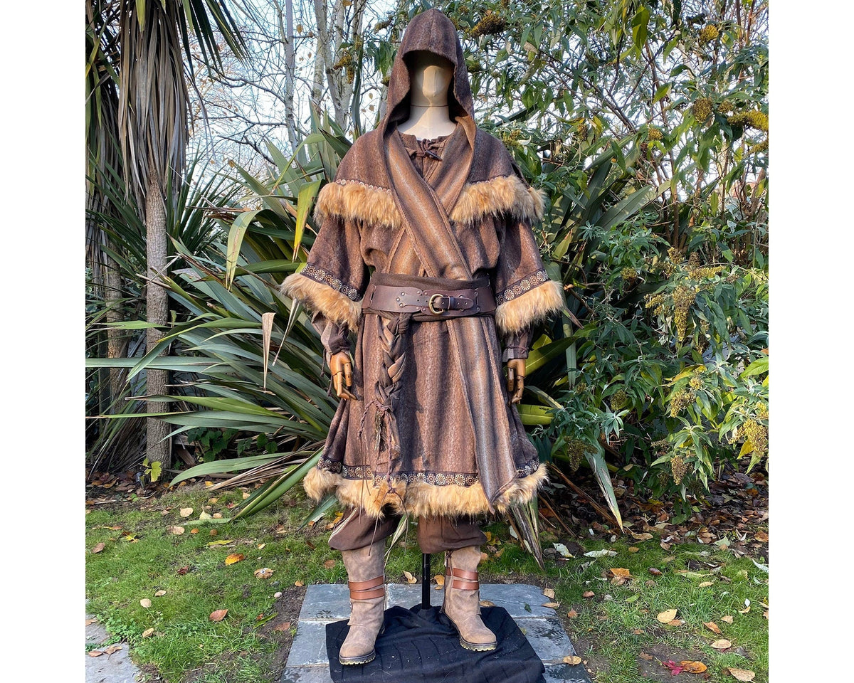 Medieval LARP outfit front view, featuring a brown fur trim tunic, matching hood, belt and sash.