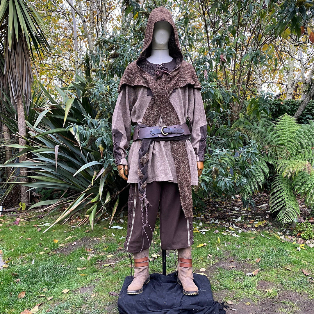 Front view of LARP outfit with brown hood, belt, and boots.