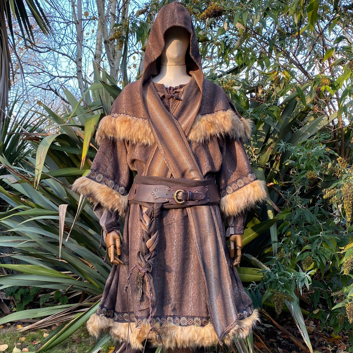 Brown medieval LARP tunic and hood with fur trim, belt and sash, front view.
