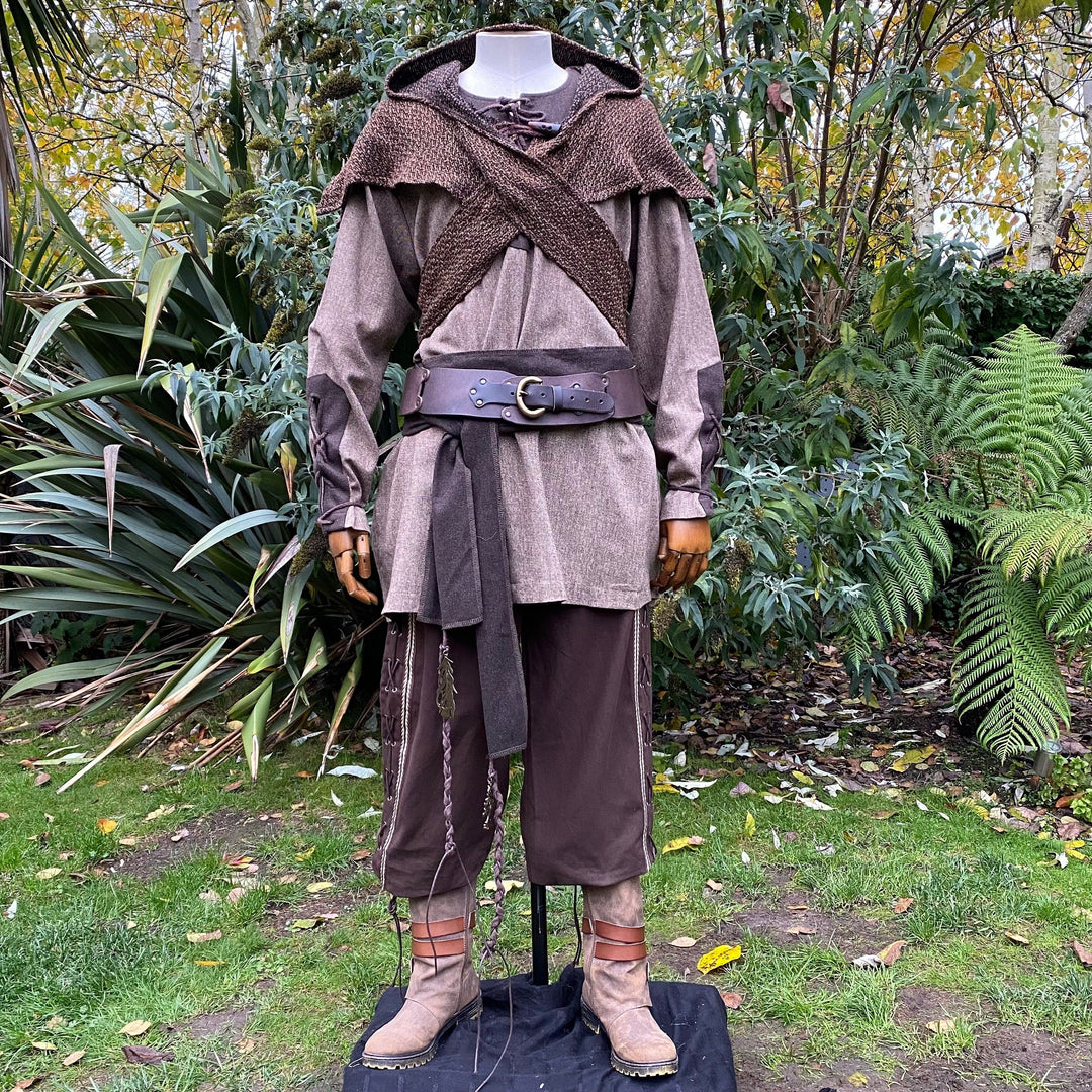 Brown medieval LARP outfit with hood and crisscross drape.