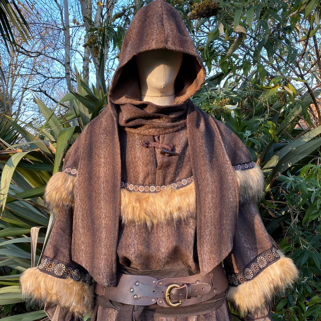 Brown medieval hooded cloak with fur trim, detailed.