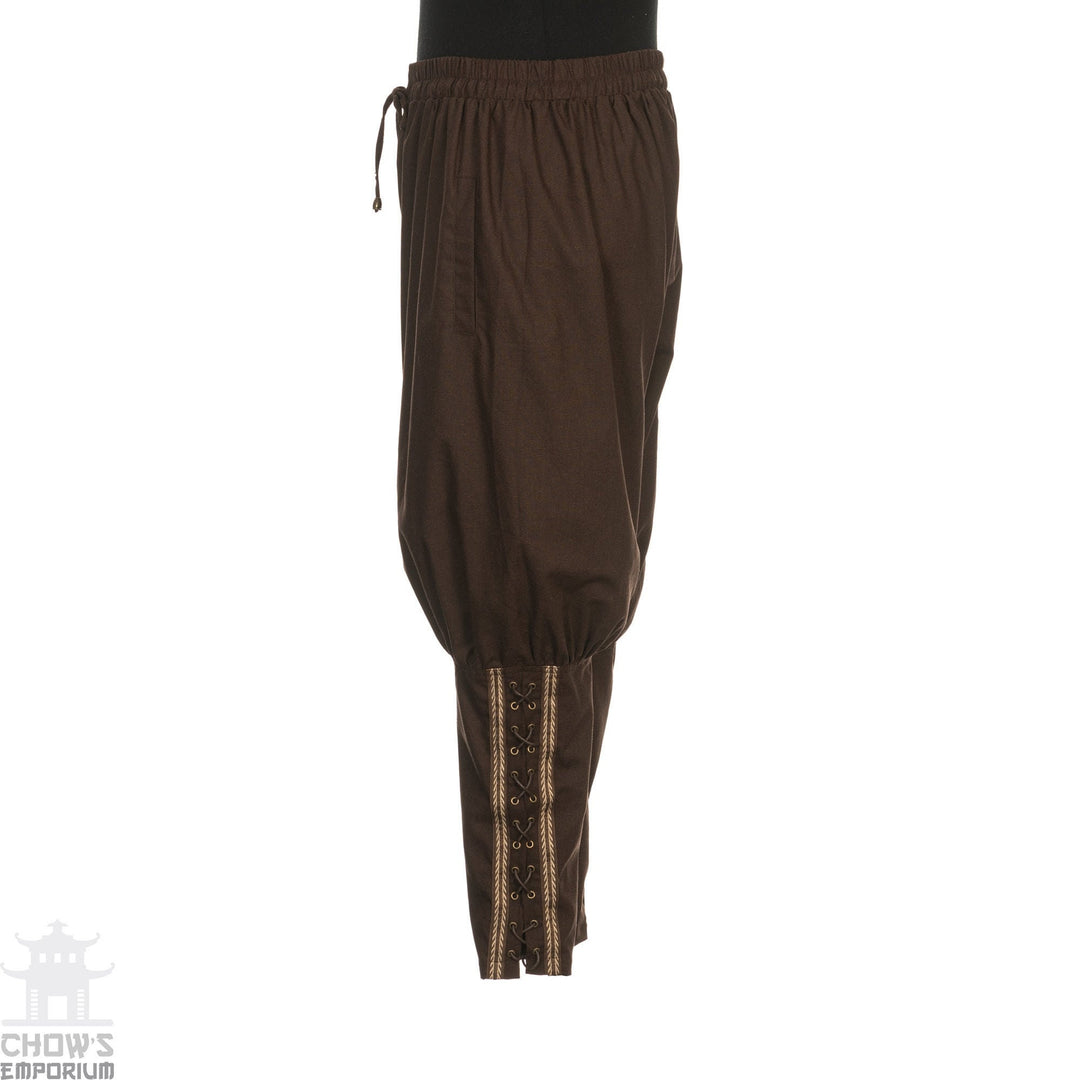 side braiding detail on brown viking medieval trousers.