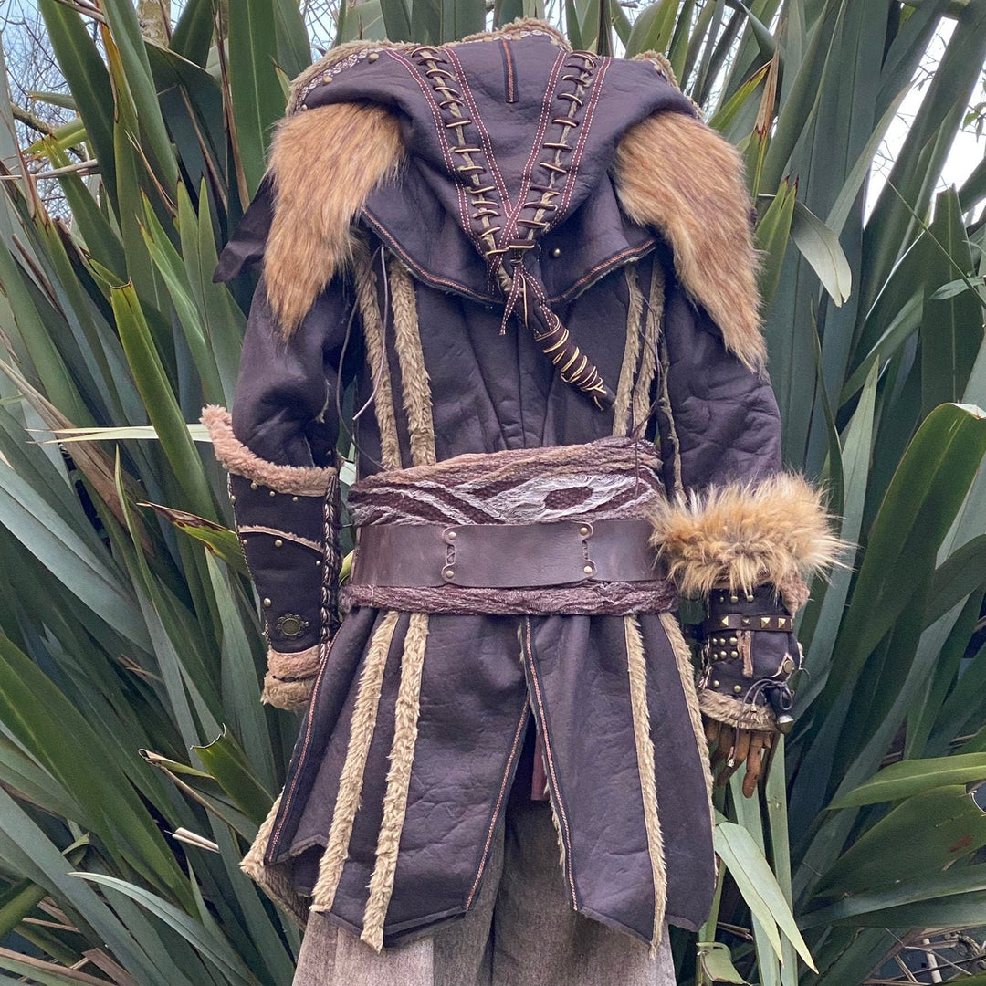 Medieval LARP jacket, hood, and vambraces, brown with fur trim, rear view.