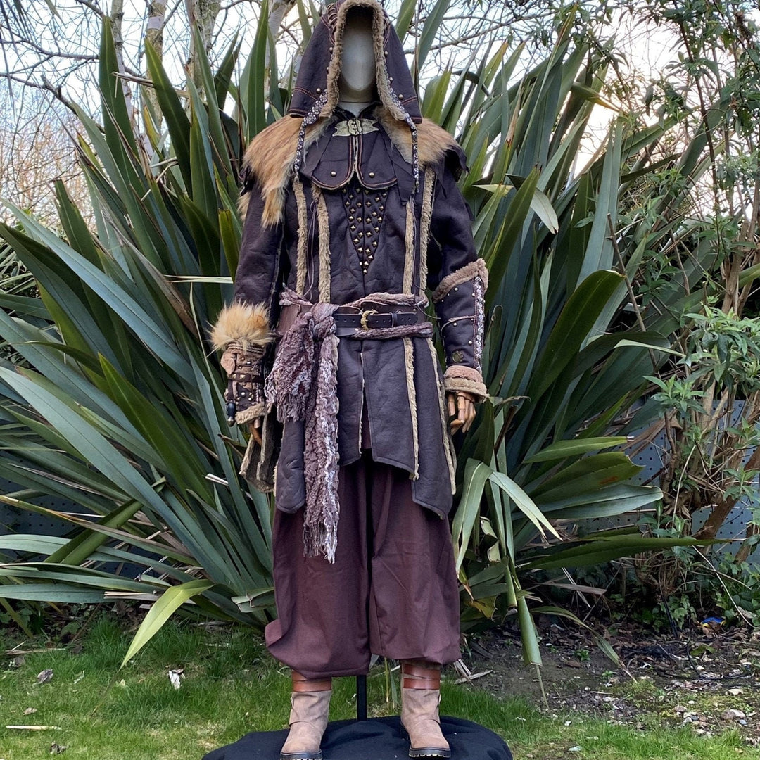 LARP medieval costume set with brown jacket, hood, and vambraces, front view.