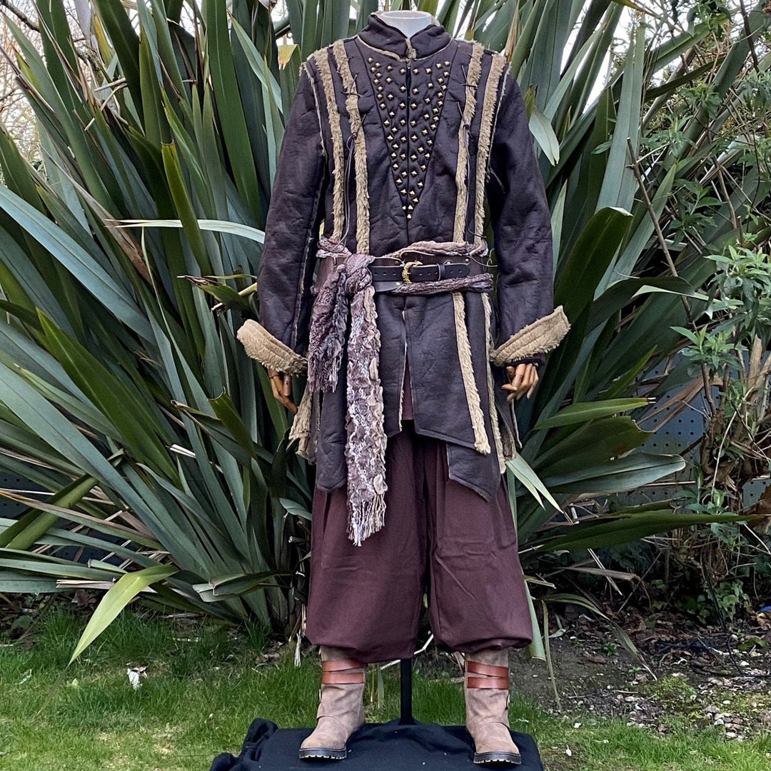 Dark brown medieval LARP outfit with jacket, hood, vambraces, sash, and trousers.