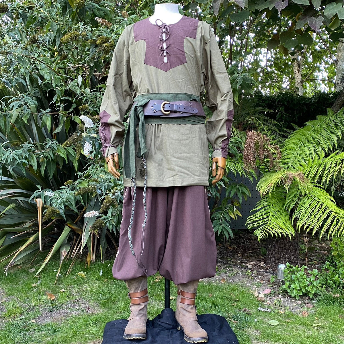 two-tone cotton Viking tunic in green and brown for medieval costume.