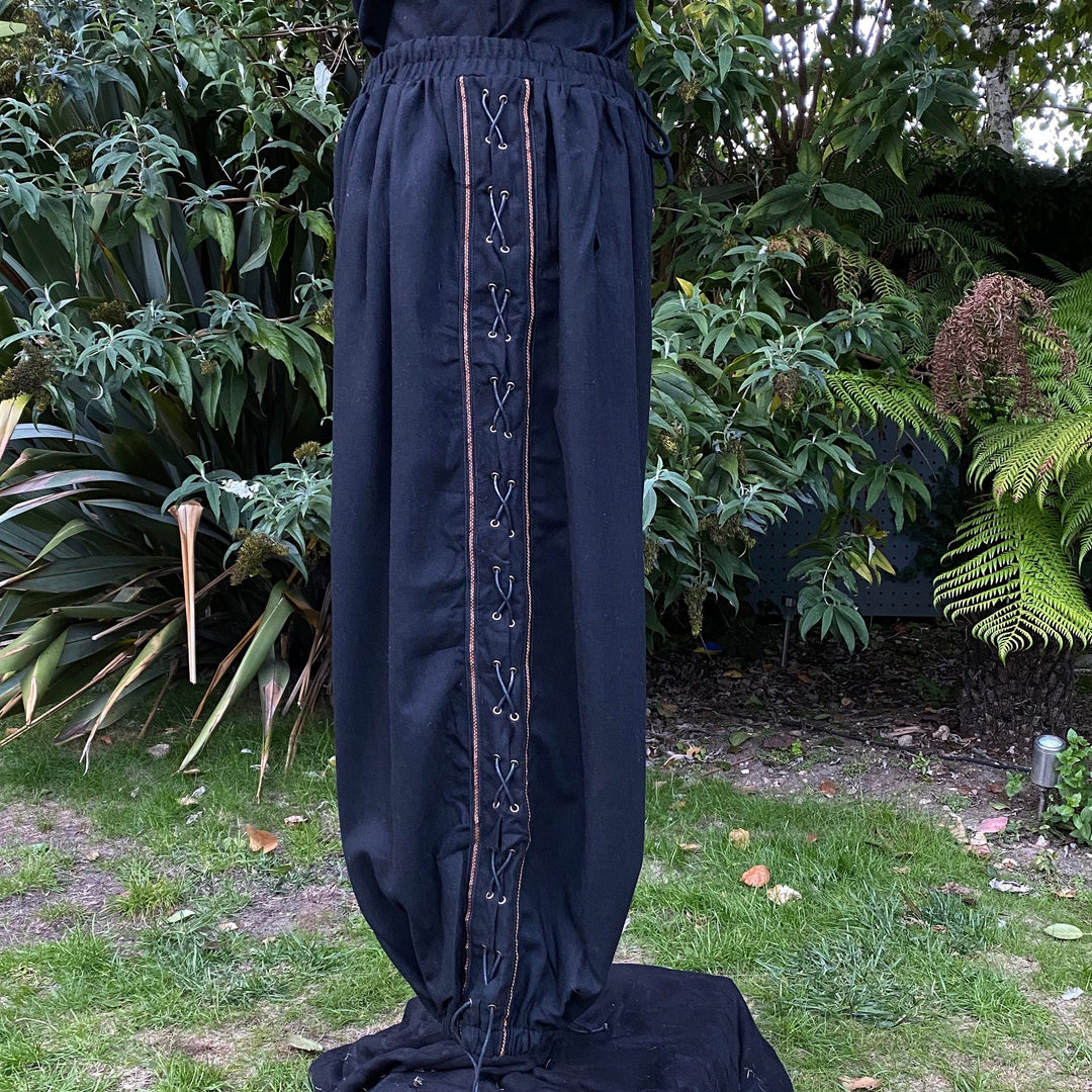 Black medieval LARP pants with detailed side lacing.