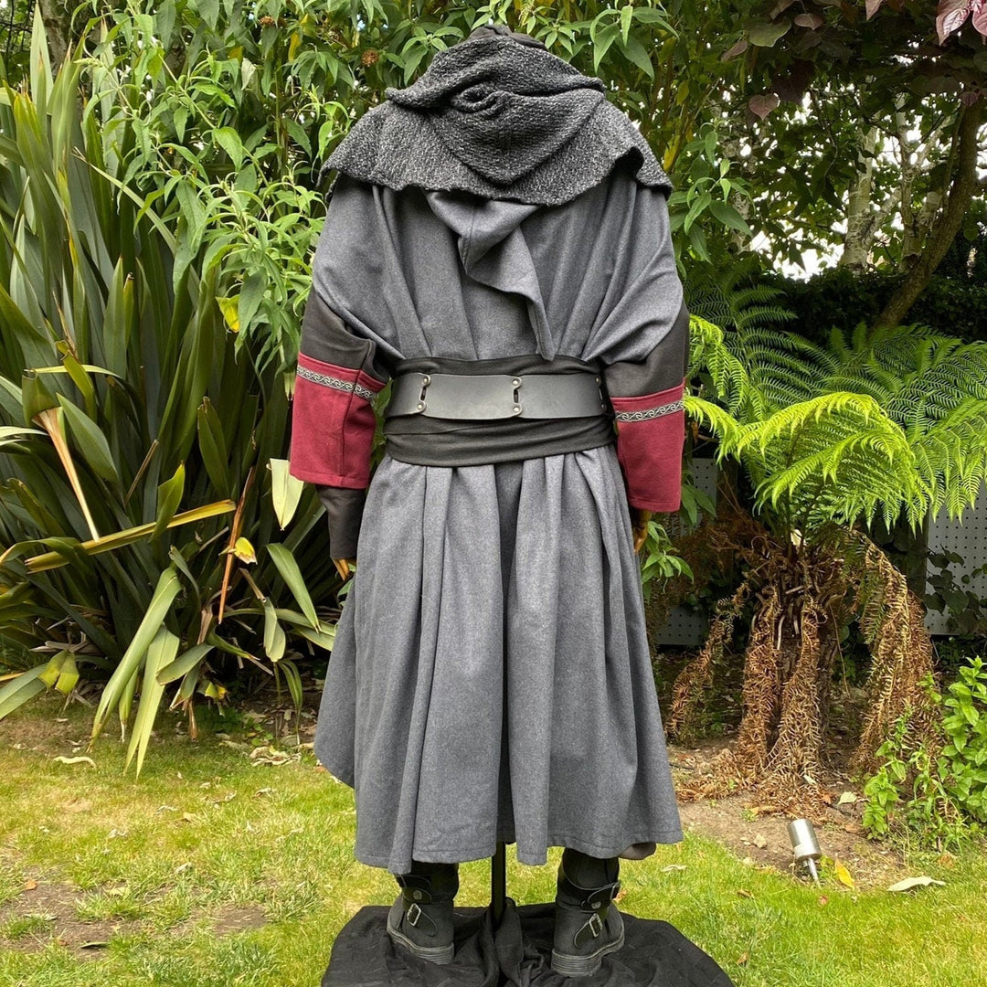 Back view of LARP mage set with layered cloak and red sleeve detail.