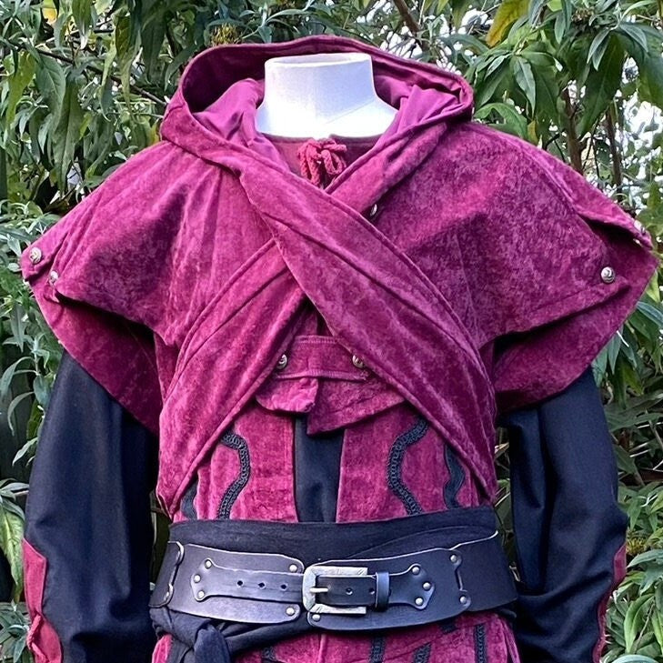 Red faux suede LARP scarf hood with front cross detail and metal buttons.
