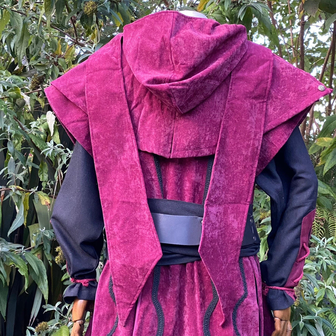Rear view of red faux suede LARP hood with long wrap extensions.