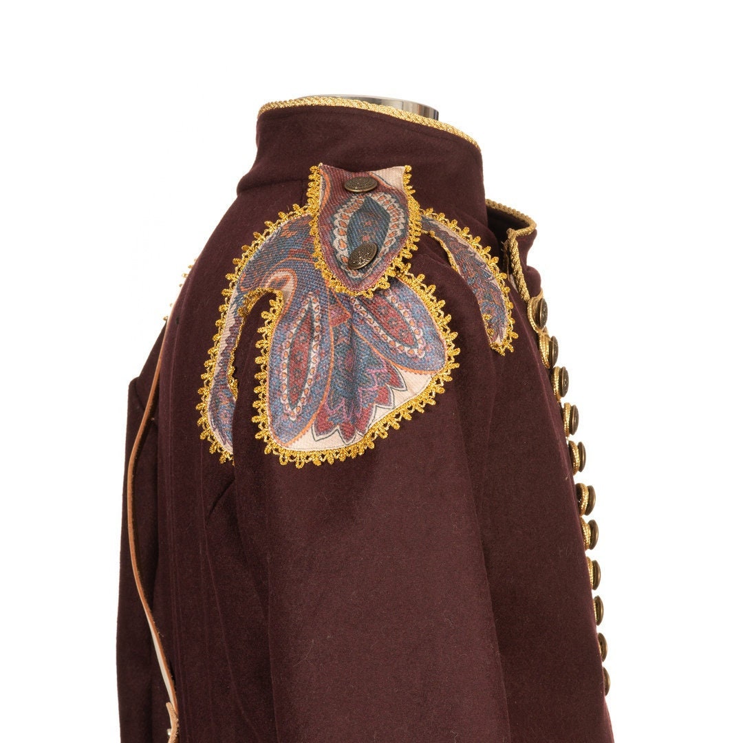 Regal dark red pirate coat with gold braid trim and tailored fit for medieval cosplay.