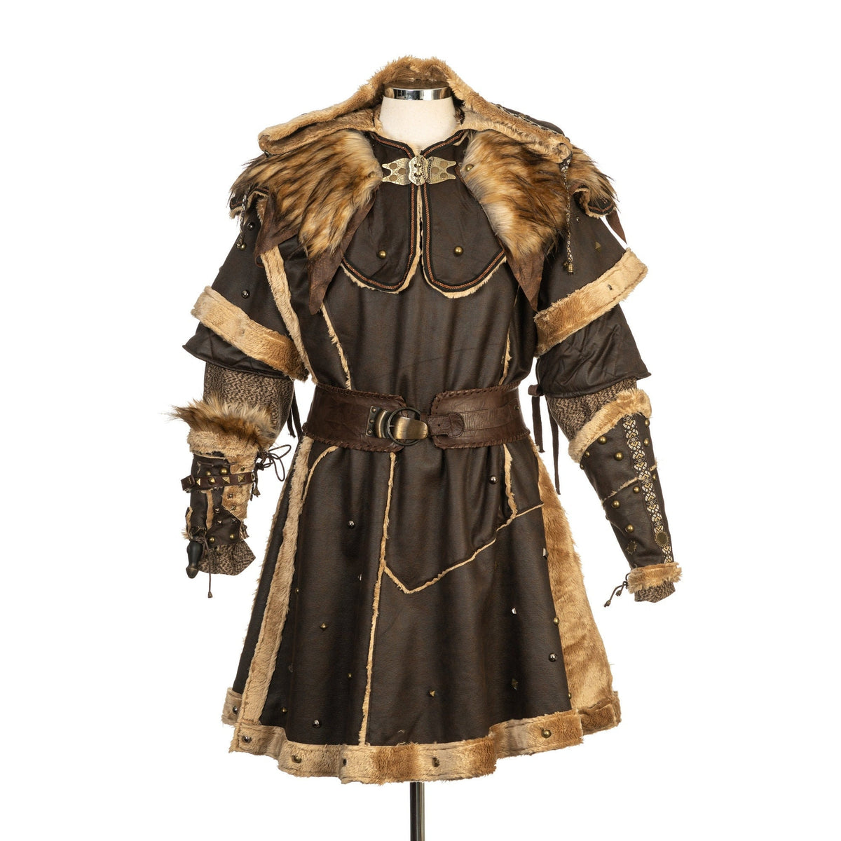 Front view, LARP medieval barbarian set with fur-trimmed hood and vambraces.