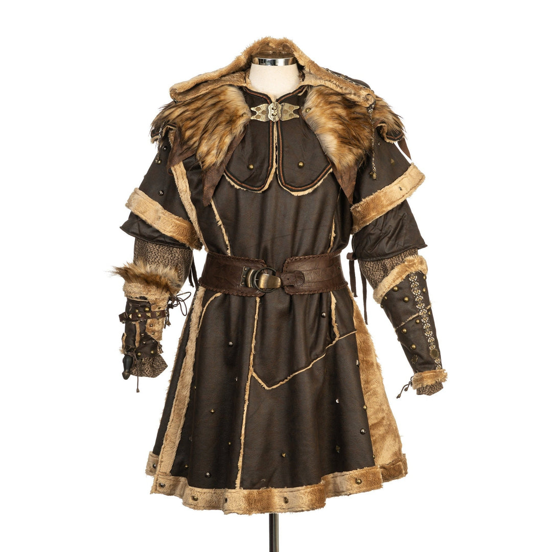 Front view, LARP medieval barbarian set with fur-trimmed hood and vambraces.