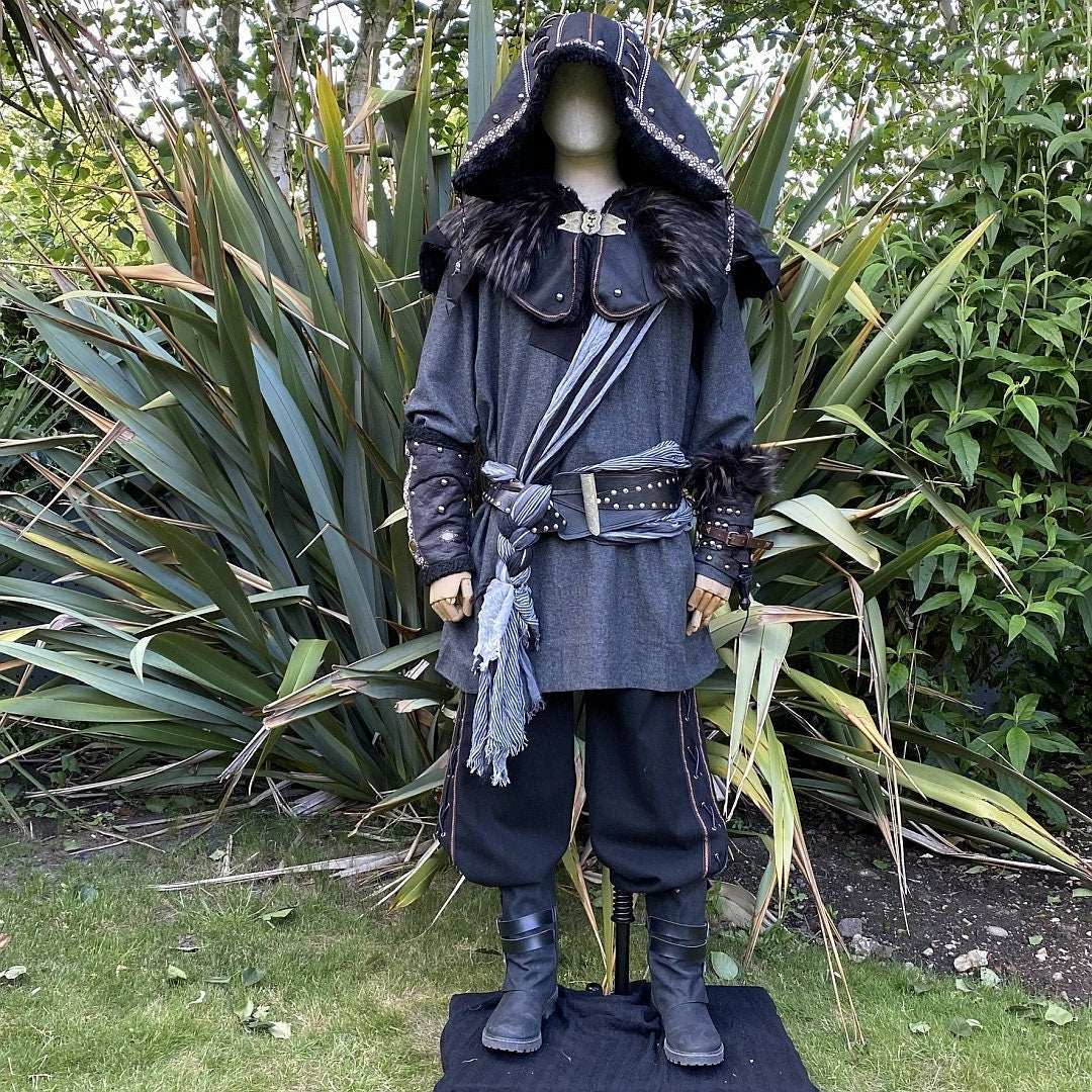LARP medieval rogue outfit with detailed hood and layered sash, front view.