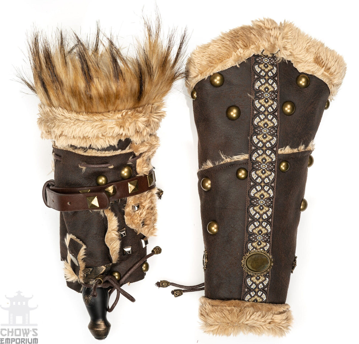 Brown faux leather vambraces with fur trim, medieval LARP style, top view.