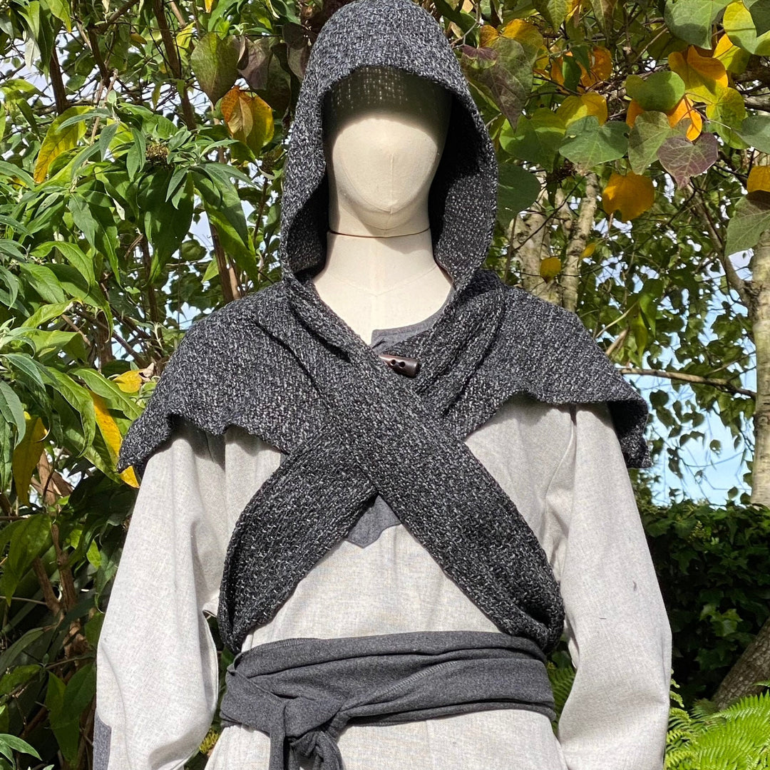 Grey hooded LARP outfit with cross-layered sash.