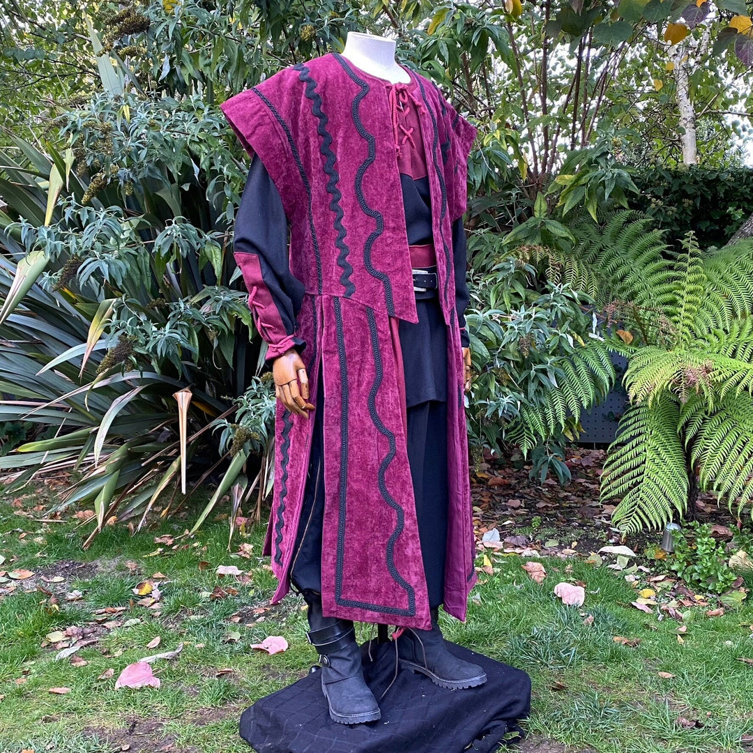 Medieval LARP waistcoat with black wavy trim.