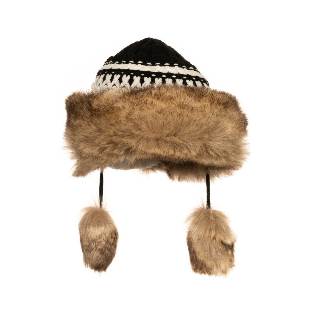 Black wool LARP hat with woven band, prominent fur trim, and ear flaps.