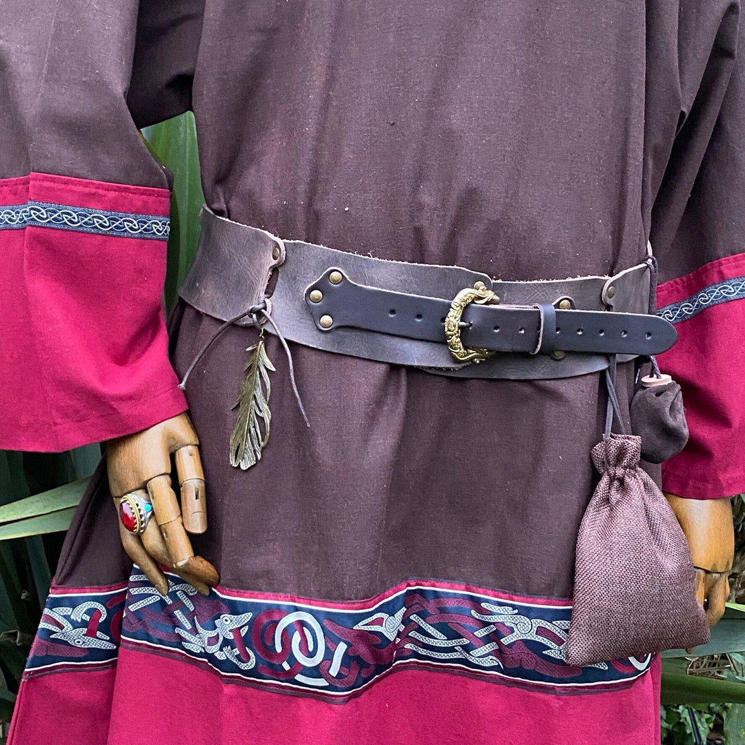 Brown-red LARP tunic waist view with belt and detailed embroidery.