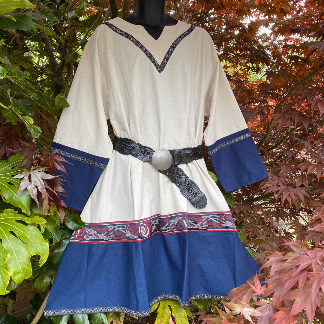 Viking tunic with blue borders and ornate belt for LARP.