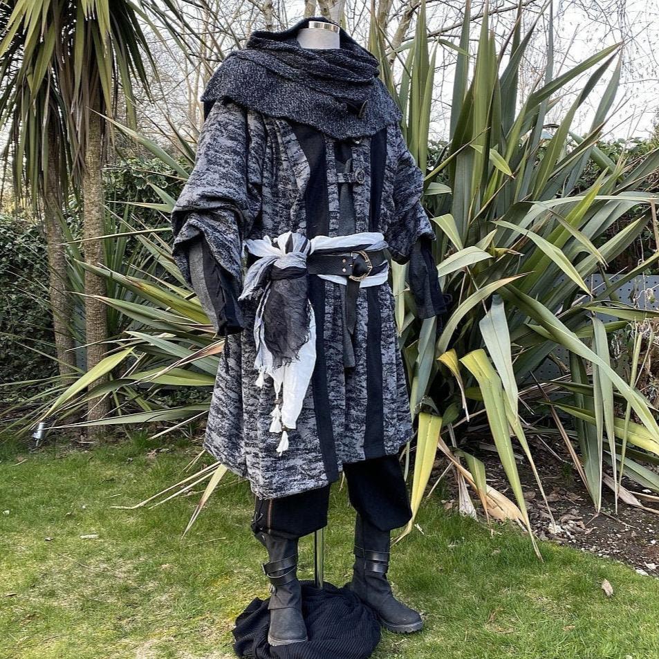 Dark mage LARP set with grey robe, hood, black shirt, and pants on mannequin.