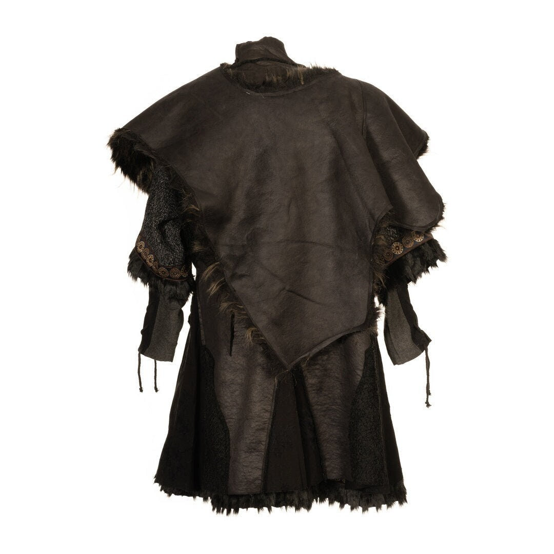 Medieval LARP cape back view with layered black and brown faux fur.
