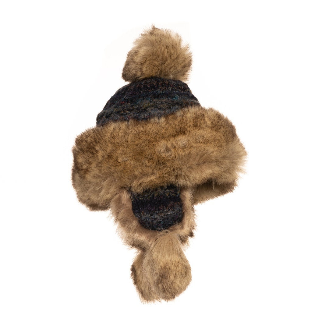 Blue wool LARP hat, top view with faux fur and pom-pom detail.